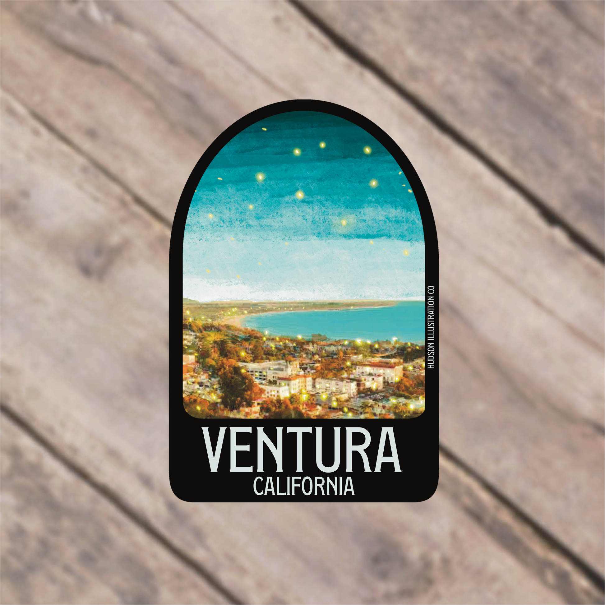a sticker of a view of the city of ventura, california