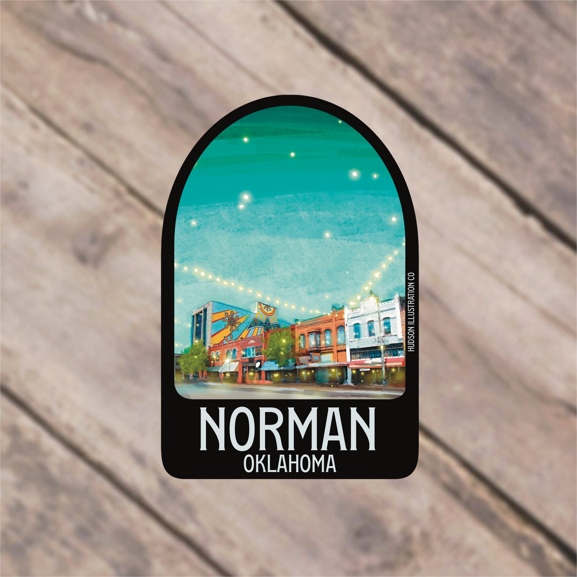 a sticker with a picture of a city on it