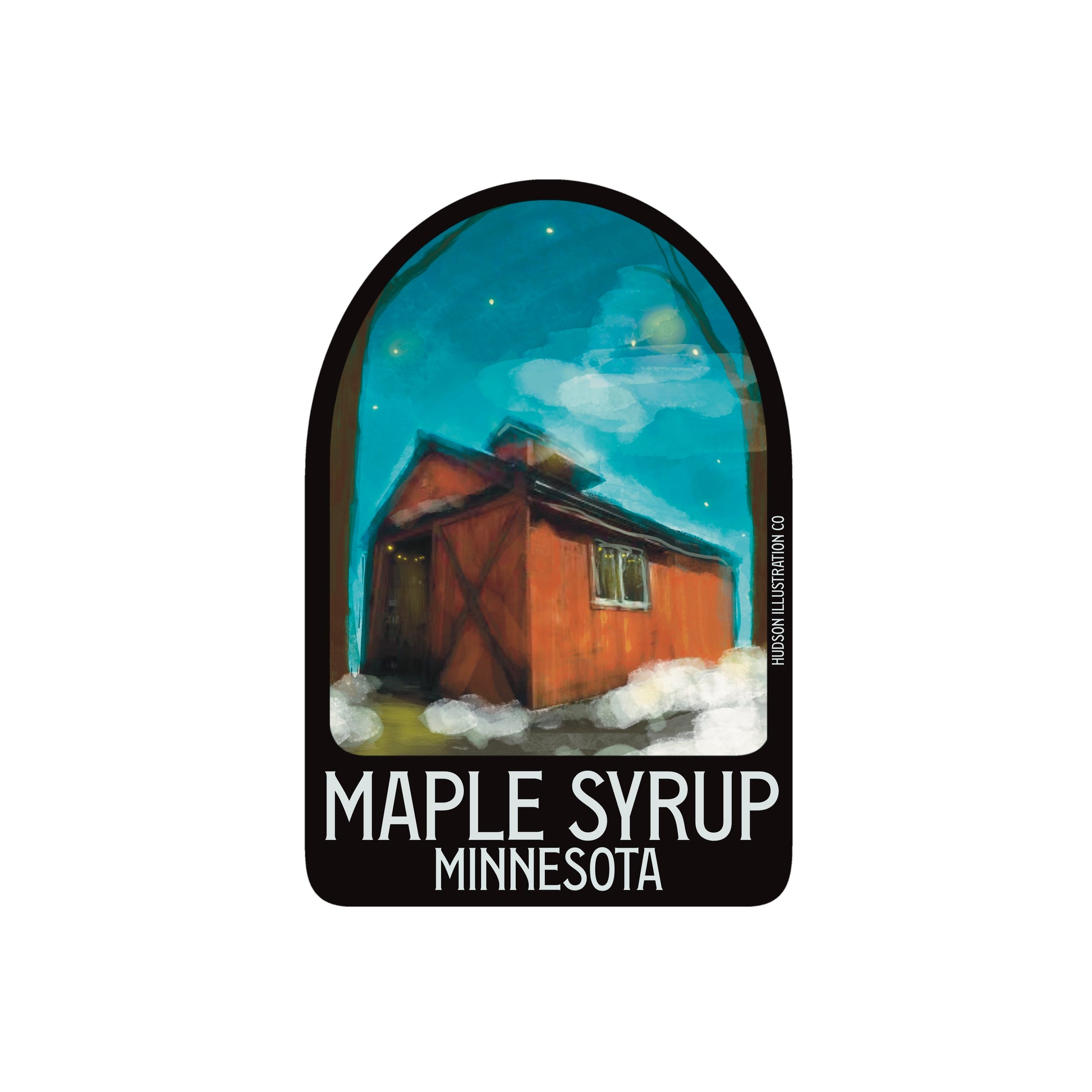 a sticker with a picture of a red building and the words maple syrup minnesota