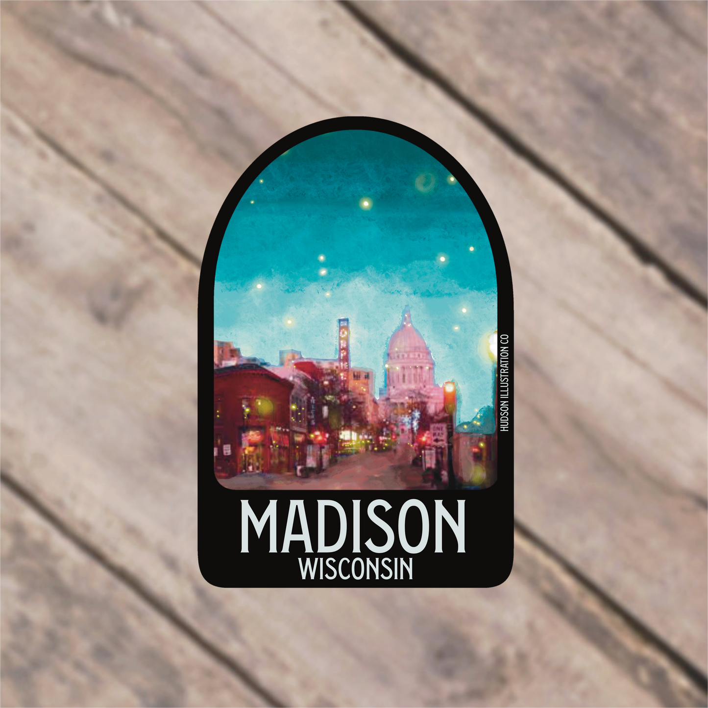 a sticker with a picture of the city of madison