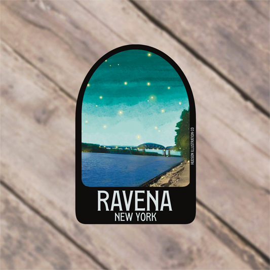 a sticker with a picture of a river and a bridge
