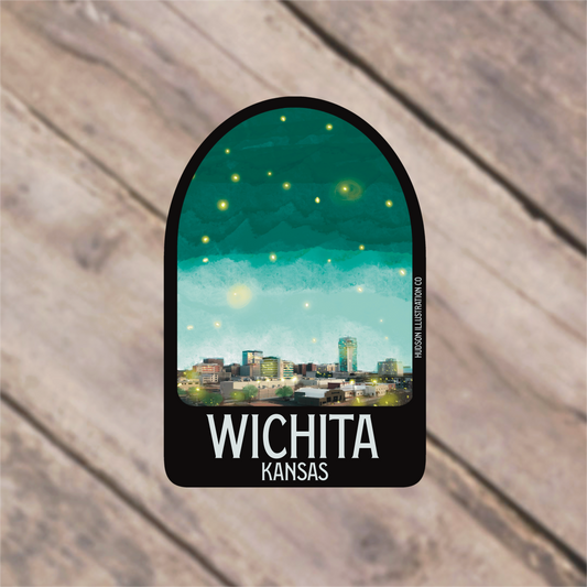 a sticker with a picture of a city at night