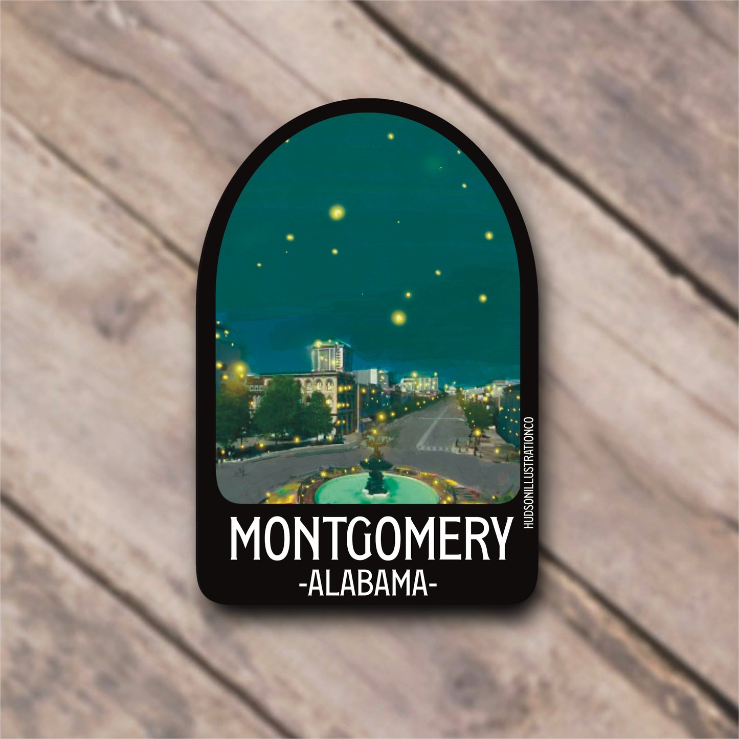 a sticker with a picture of a city at night