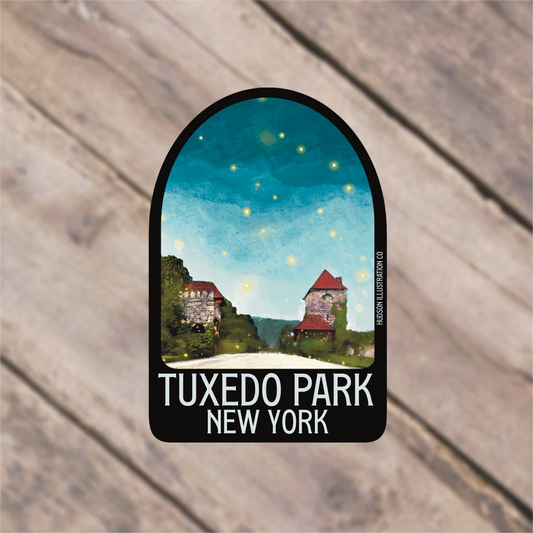 a sticker with the words tuxedo park, new york on it