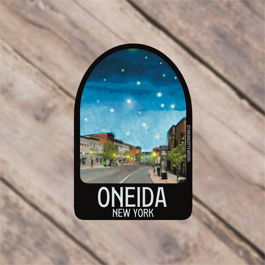 a sticker with a picture of a city street