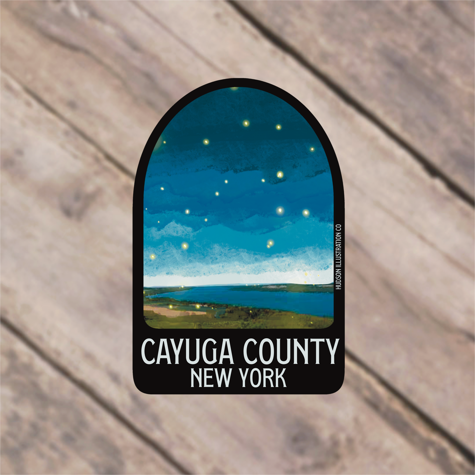 a sticker with the words cayuga county, new york on it