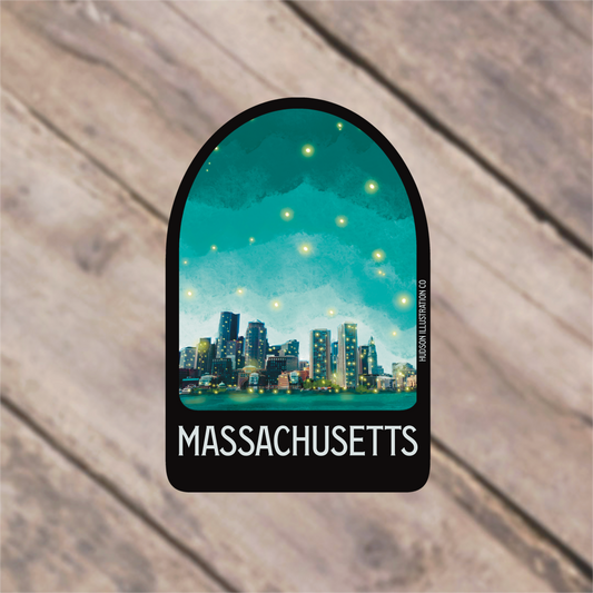 a sticker with a picture of a city skyline