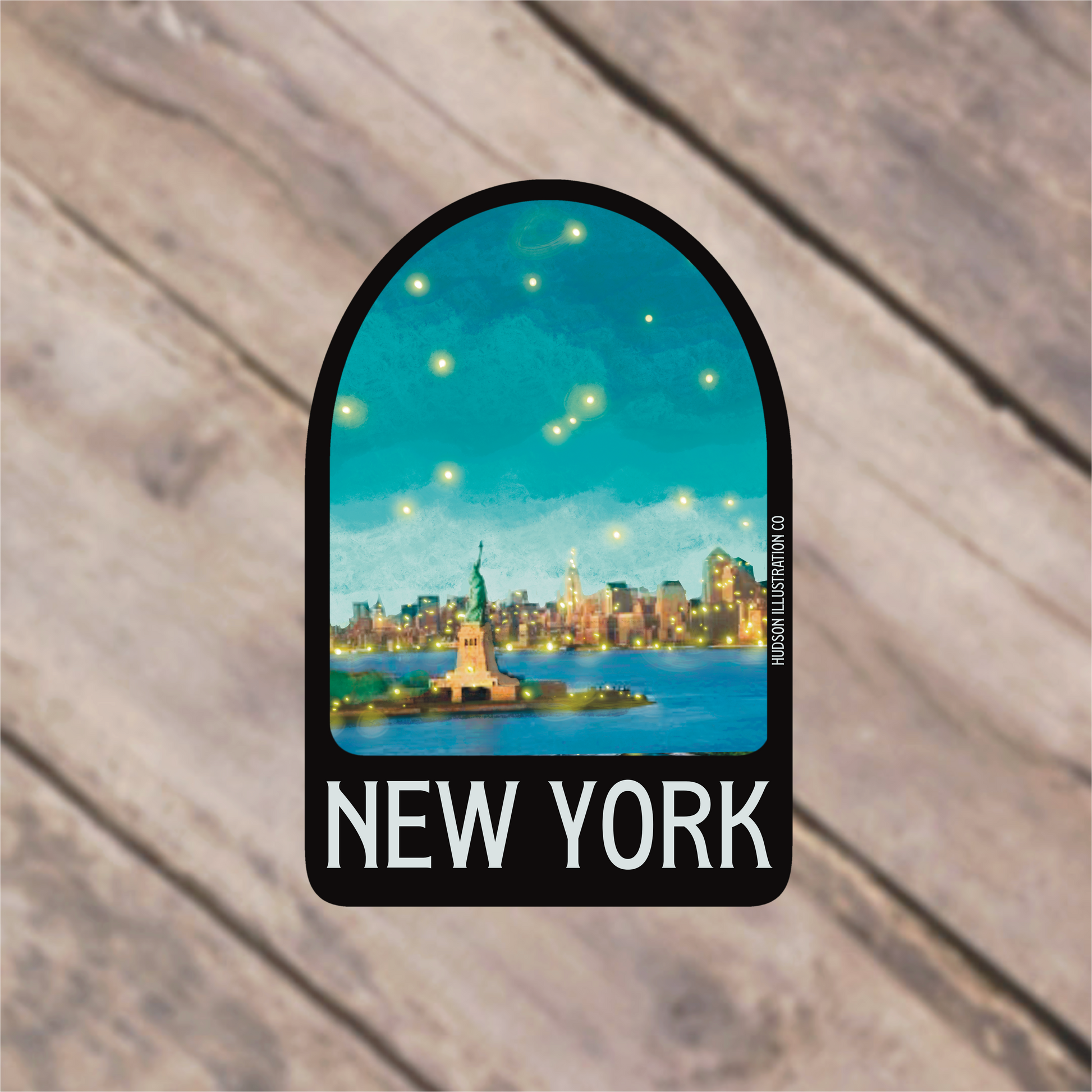 a sticker with a picture of the new york skyline