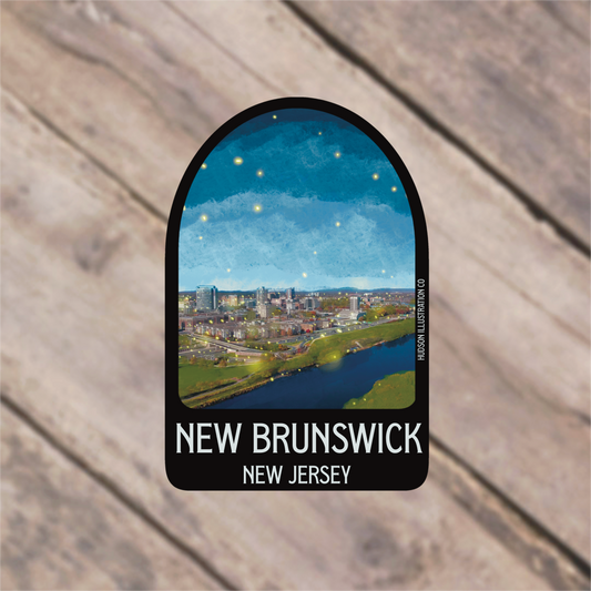 a sticker with a picture of a city on it