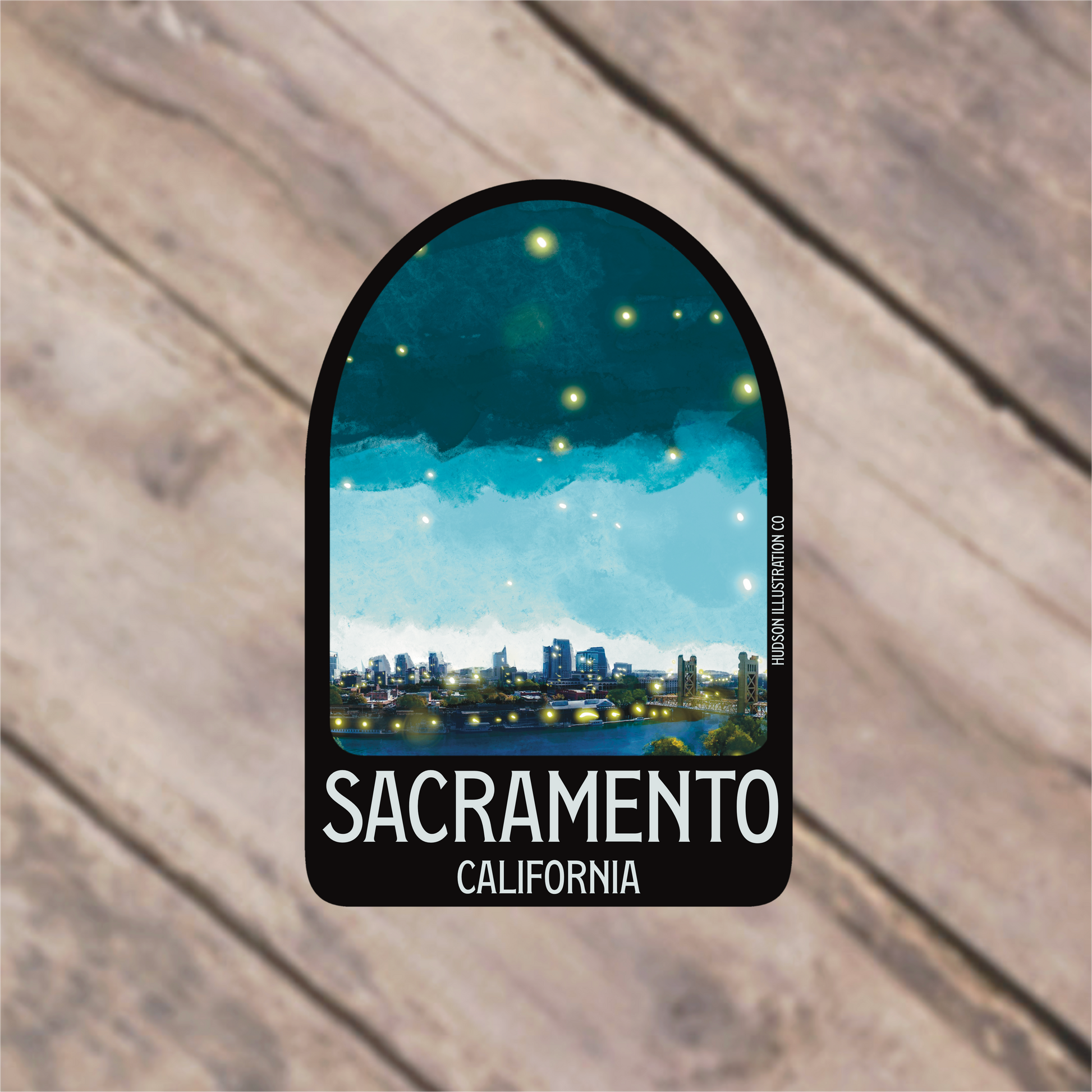 a sticker with a picture of a city at night