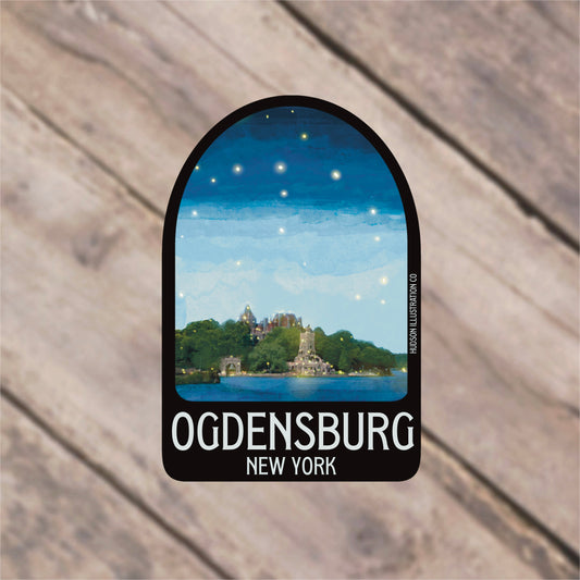 a sticker with a picture of a castle in the background