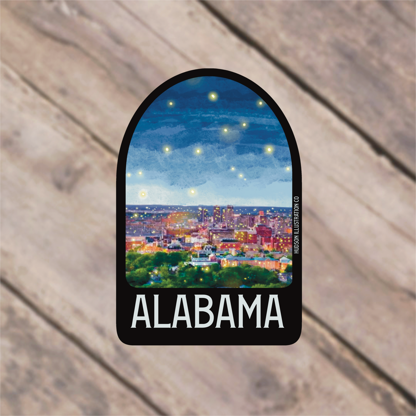 a sticker with a picture of a city in the background