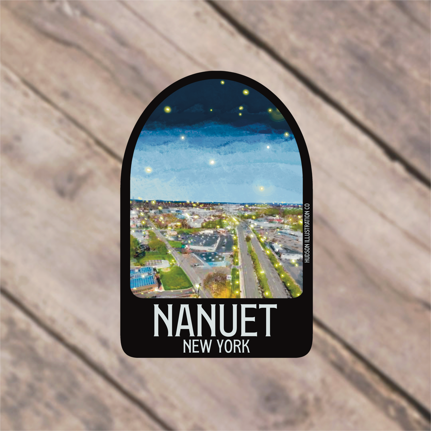 a sticker with a picture of a city at night