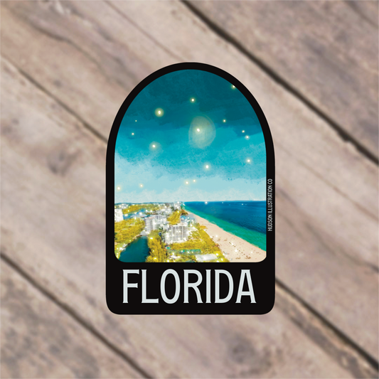 a sticker with a picture of a beach and the words florida on it