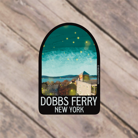 a sticker with the words dobs ferry new york on it