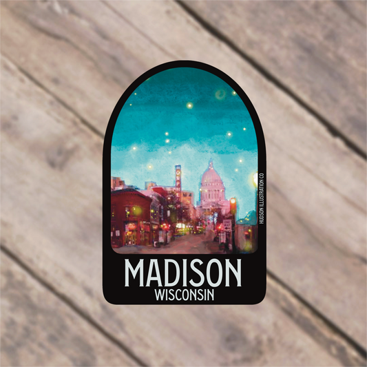 a sticker with a picture of the city of madison