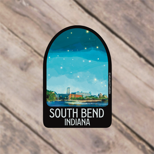 a sticker with the words south bend indiana on it