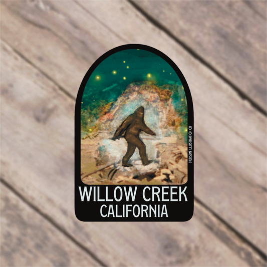 a sticker of a bigfoot walking across a wooden floor