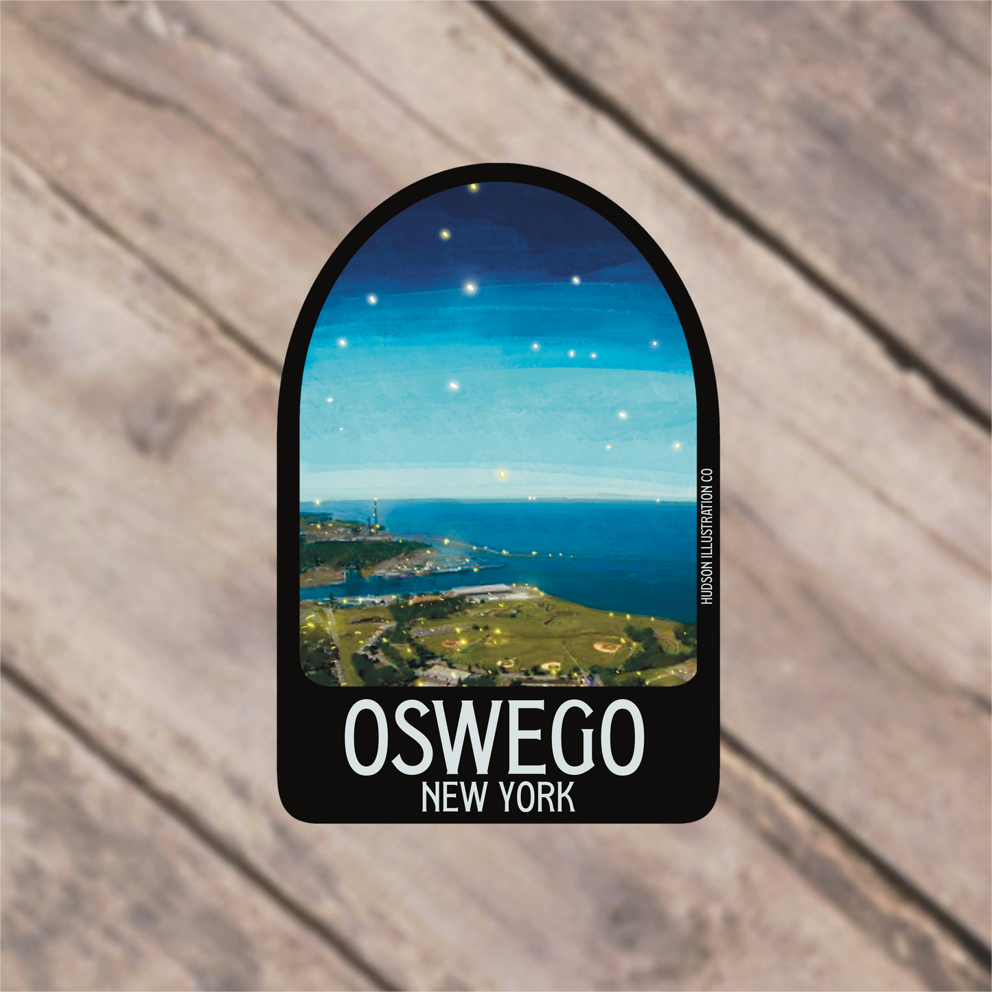 a sticker with a picture of a view of the ocean