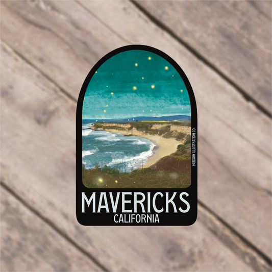 a sticker with a picture of a beach and the words mavericks