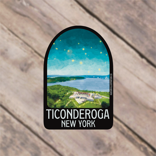 a sticker with a picture of a city and a lake