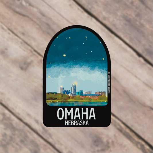 a sticker with a picture of a city on it