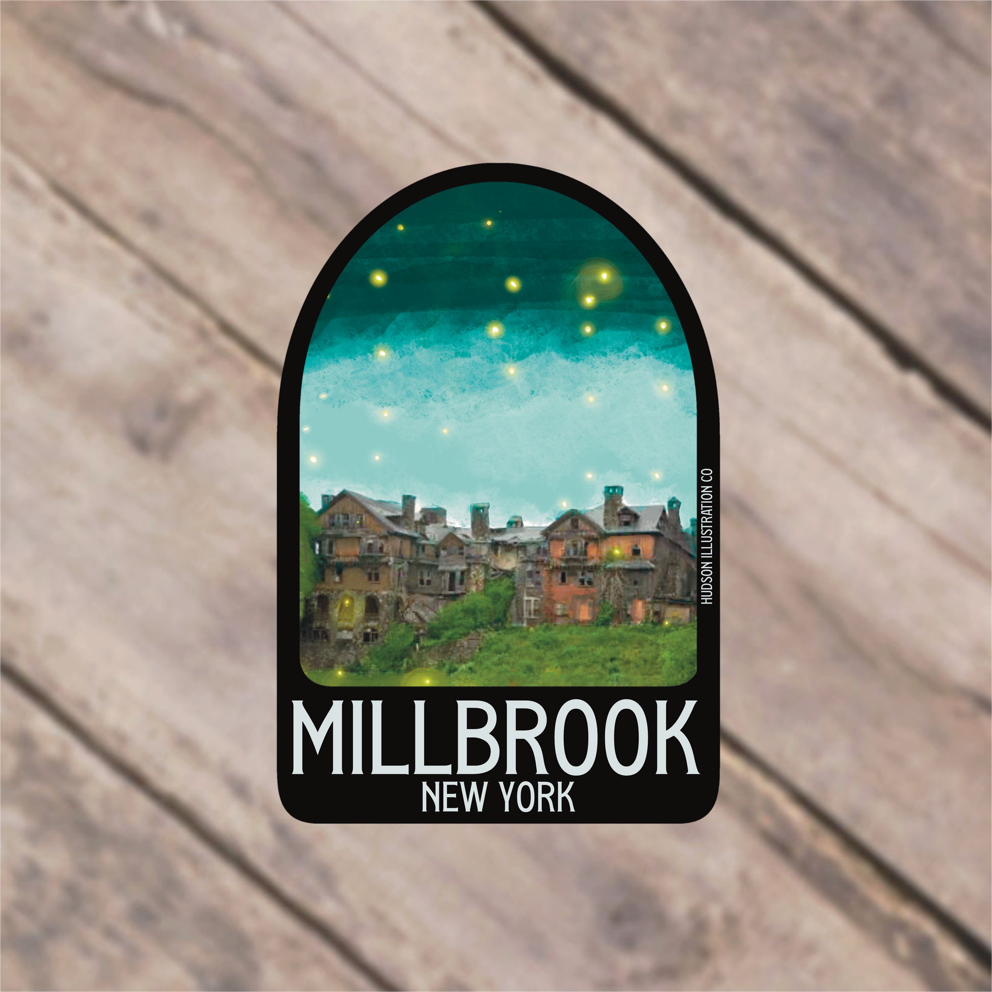 a sticker with a picture of a town on it