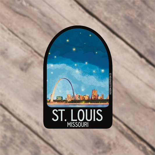 a sticker with a picture of st louis and the gateway arch